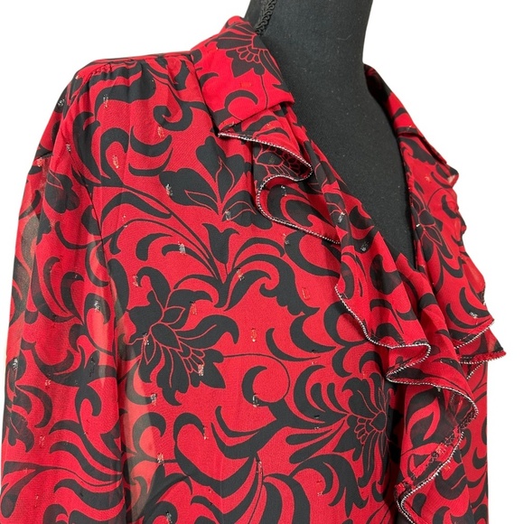 Chico's NWT Red Chiffon Ruffle Neck Shimmer V-Neck Long Sleeve Blouse Size 16 - Picture 5 of 11